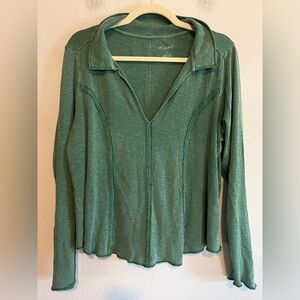 Anthropologie Pilcro Green Stitched Collared V-Neck Long-Sleeve Top 1XL Academia